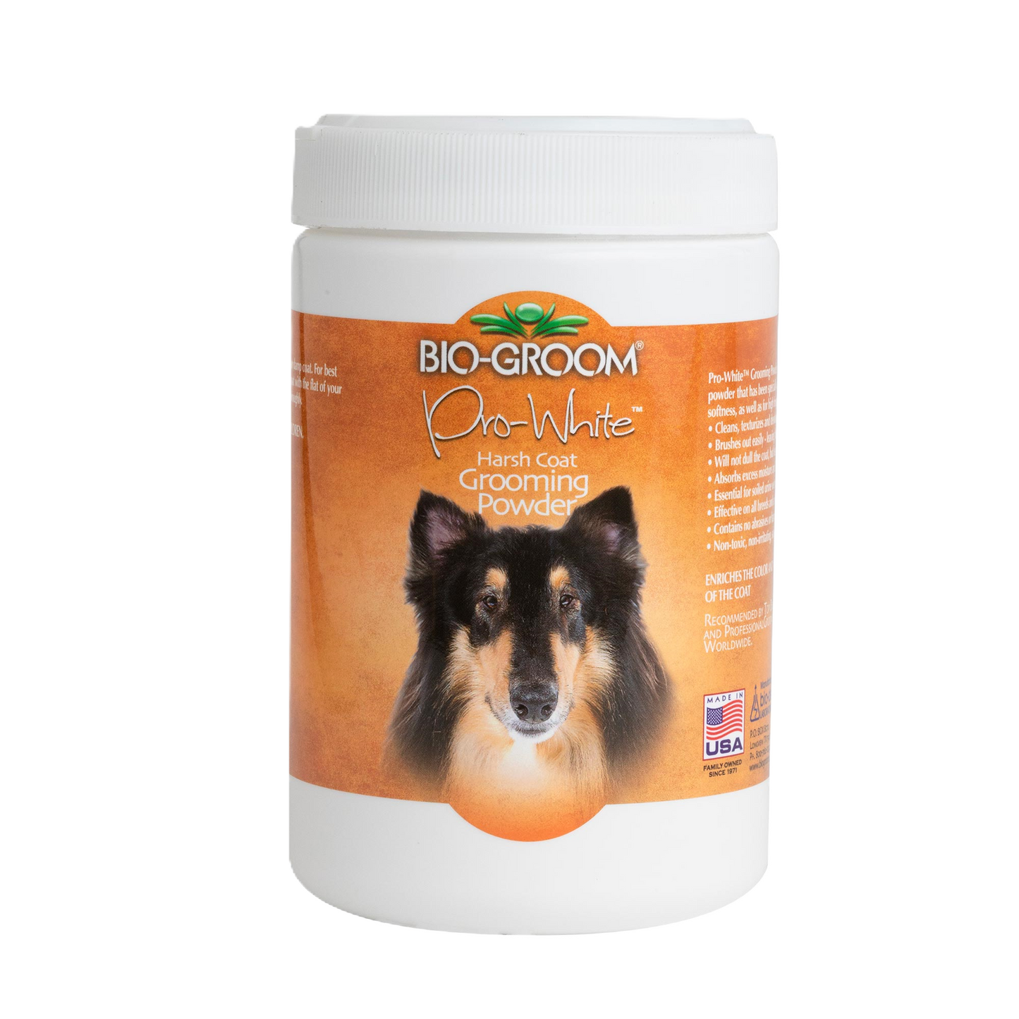 A container of Bio-Groom Pro-White Harsh Coat Grooming Powder with a picture of a Corgi dog on the label.