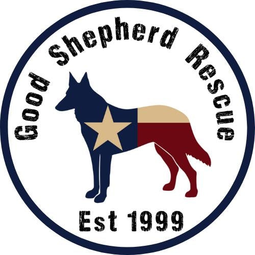 Logo of Good Shepherd Rescue of Texas featuring a silhouette of a dog with a star and the Texas state flag colors.