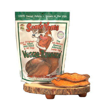 Package of Sams Yams sweet potato veggie rawhide chews for dogs displayed alongside an example chew.