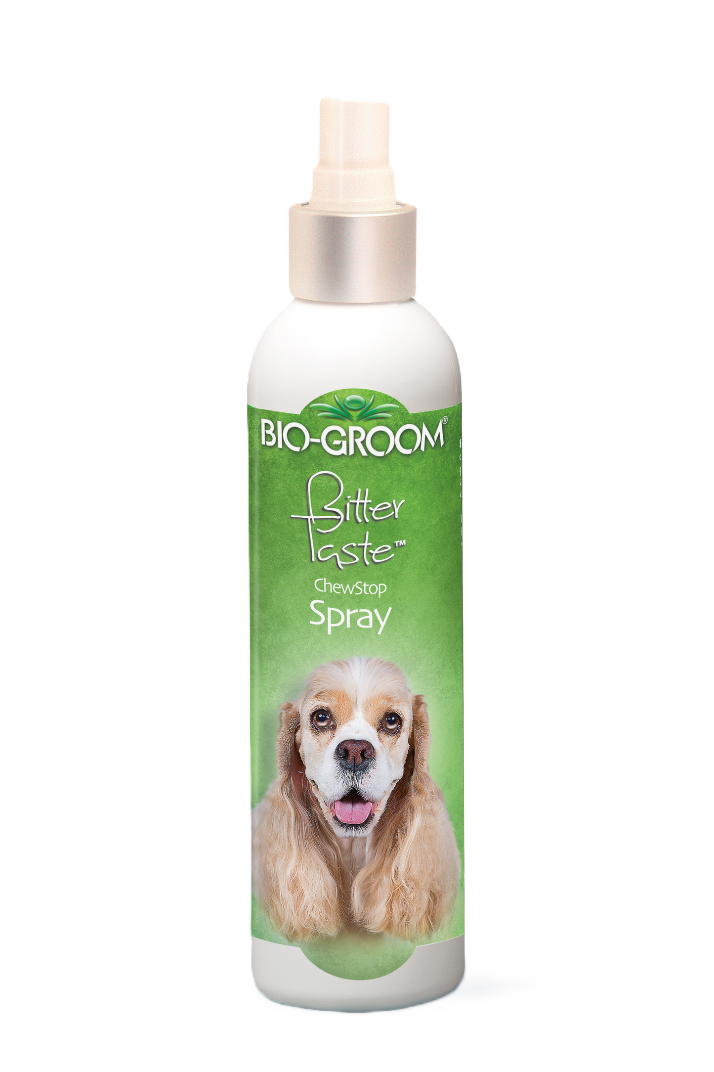 A bottle of Bio-Groom Bitter Taste Chewstop Spray with a label featuring an image of a dog.