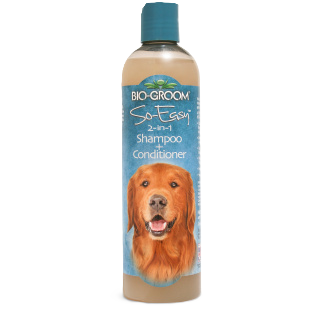 A bottle of Bio-Groom So-Easy 2-in-1 Shampoo + Conditioner for pets featuring an image of a golden retriever on the label.