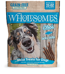 Packaging of Wholesomes™ Cleo’s Jerky Sticks with a picture of a dog and the product visible through a transparent window.