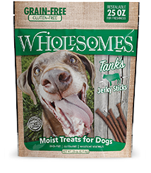 Packaging of Wholesomes Tank's Jerky Sticks featuring an image of a dog with jerky sticks, indicating that they are treats for dogs.